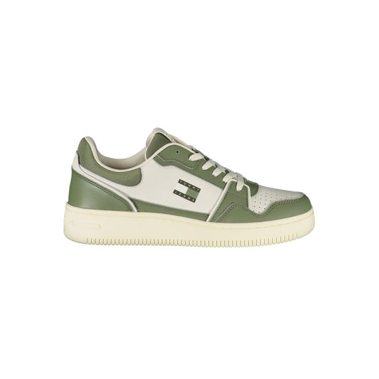 Tommy Hilfiger Green Leather Men Sneaker with white accents, iconic logo, dynamic street style footwear.