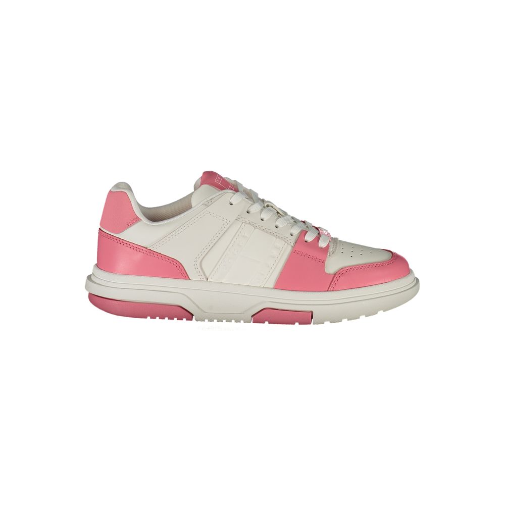Tommy Hilfiger Pink Leather Women Sneaker with contrasting details and logo, offering style and comfort in vibrant pink.