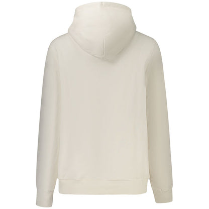 Back view of Tommy Hilfiger White Cotton Women Sweater with hood and central pocket, featuring iconic logo and sustainable design.