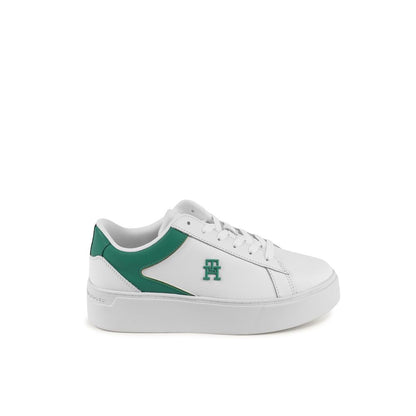 Tommy Hilfiger White Leather Low Top Sneakers for women, featuring green accents, made of 100% leather, style: FW0FW079100K4