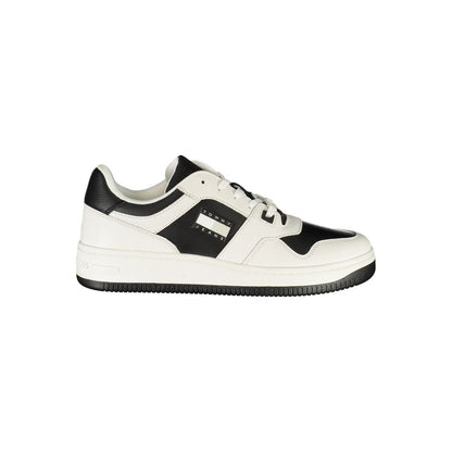 Tommy Hilfiger White Leather Mens Sneaker with black details, lace-up design, featuring iconic logo, side view on a white backdrop.