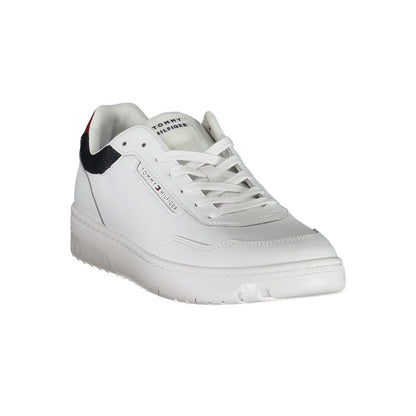 Tommy Hilfiger White Leather Sneaker with laces, removable insole, contrasting details, and logo print.