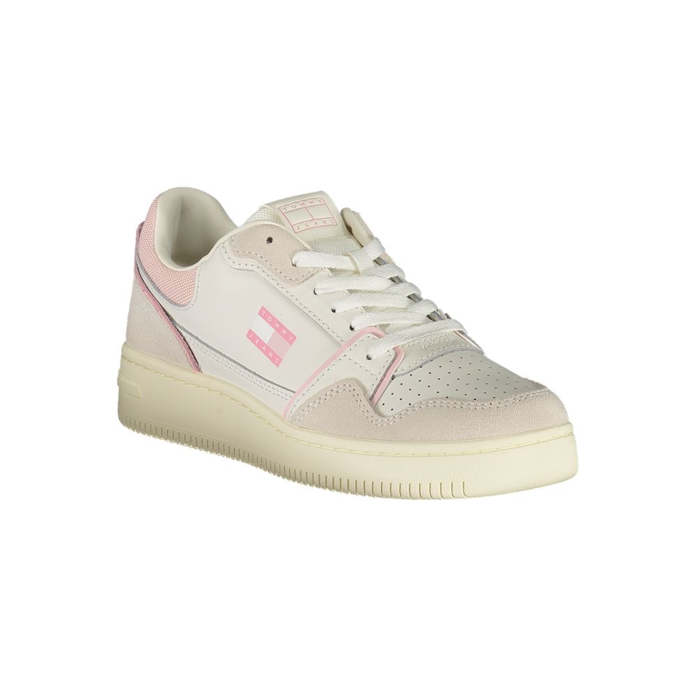 Tommy Hilfiger White Leather Women Sneaker with pink accents, stylish sports shoes with comfortable removable footbed, making fashion strides.