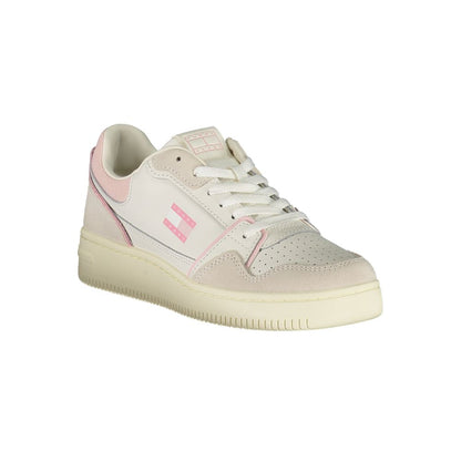 Tommy Hilfiger White Leather Women Sneaker with pink accents, stylish sports shoes with comfortable removable footbed, making fashion strides.