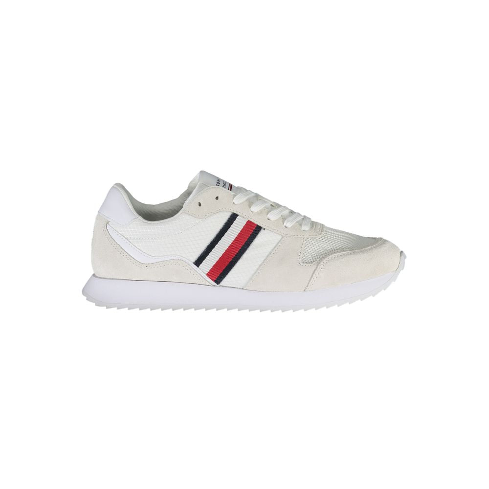 Tommy Hilfiger White Polyester Men Sneaker with recycled materials and leather accents, featuring iconic logo and eco-friendly design.