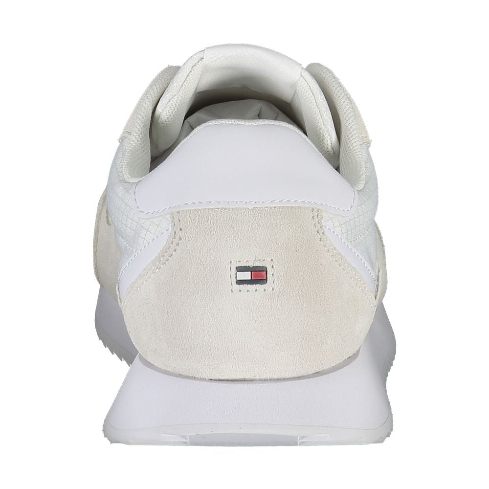 Back view of Tommy Hilfiger White Polyester Men Sneaker with logo, recycled materials, and eco-friendly design.