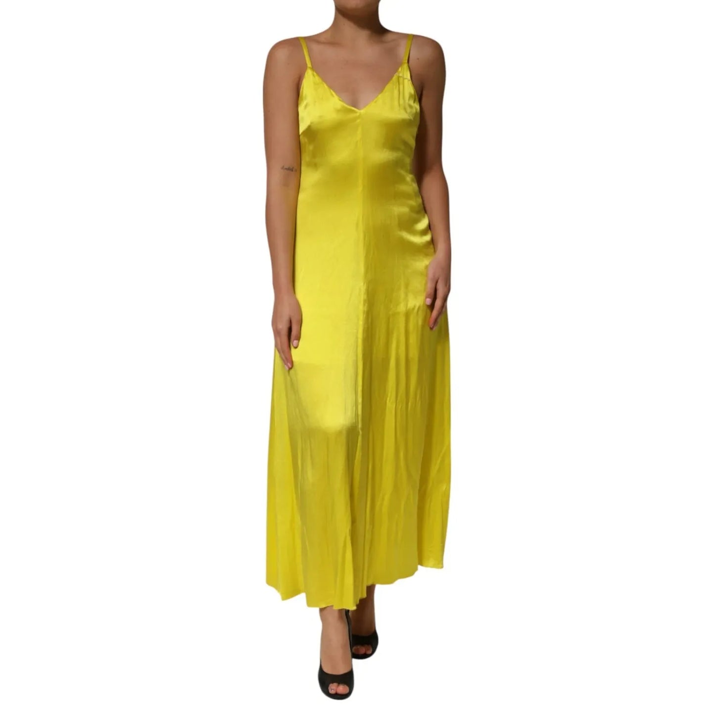Elegant Tonello Yellow Silk Satin Slip Maxi Spaghetti Strap Maxi Dress with V-neckline and backless design