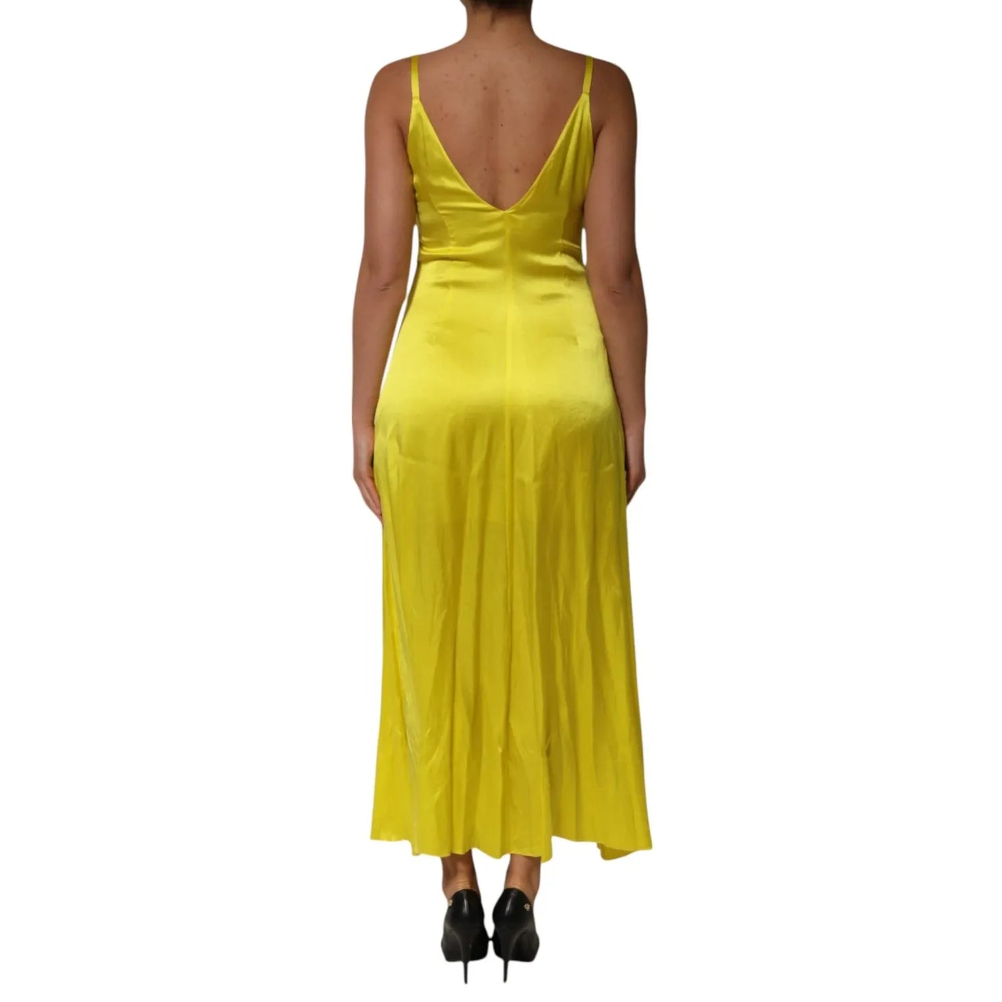 Back view of Tonello Yellow Silk Satin Slip Maxi Spaghetti Strap Maxi Dress with V-neckline, showcasing elegant design.