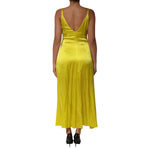 Back view of Tonello Yellow Silk Satin Slip Maxi Spaghetti Strap Maxi Dress with V-neckline, showcasing elegant design.