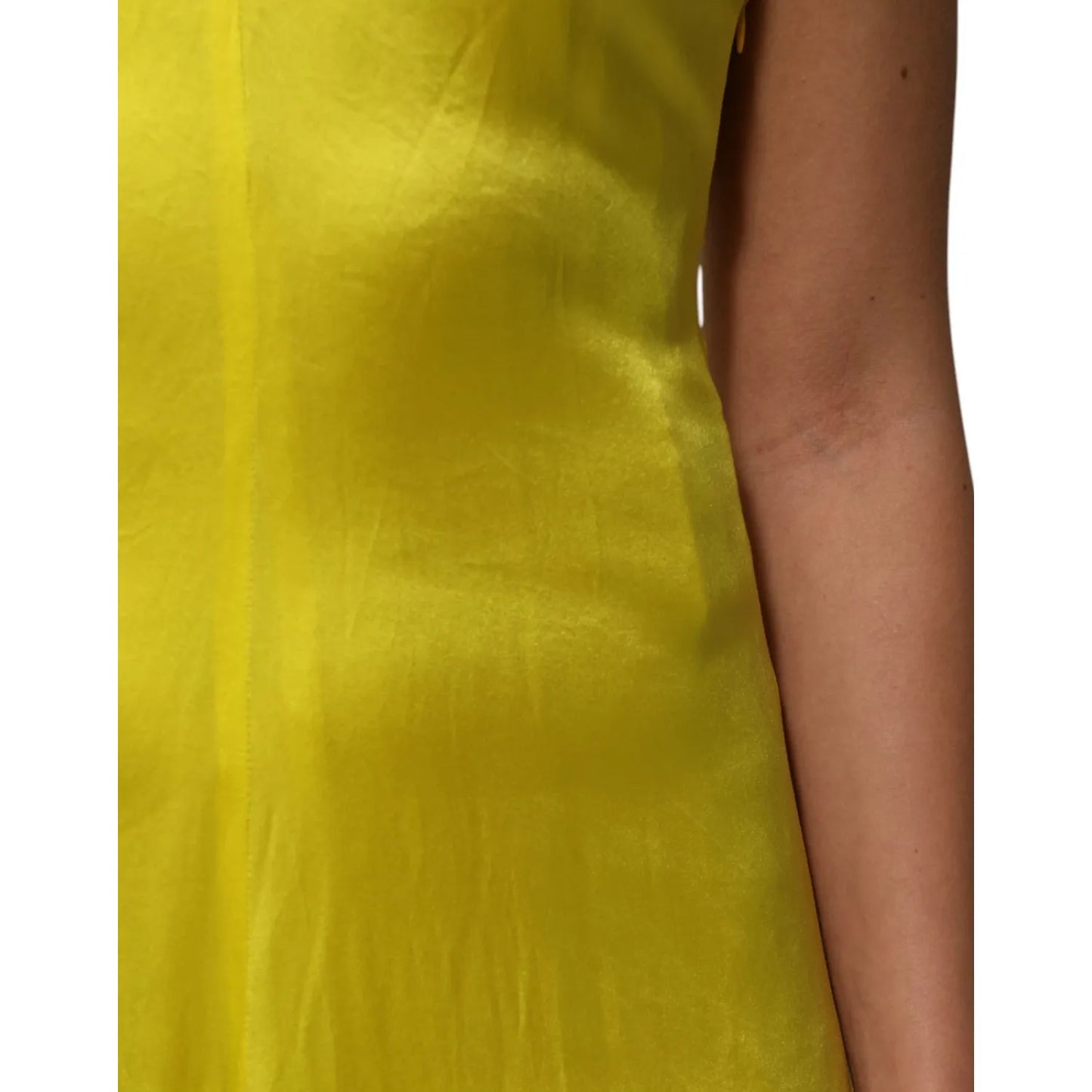 Close-up of Tonello Yellow Silk Satin Slip Maxi Spaghetti Strap Maxi Dress showing vibrant fabric texture.