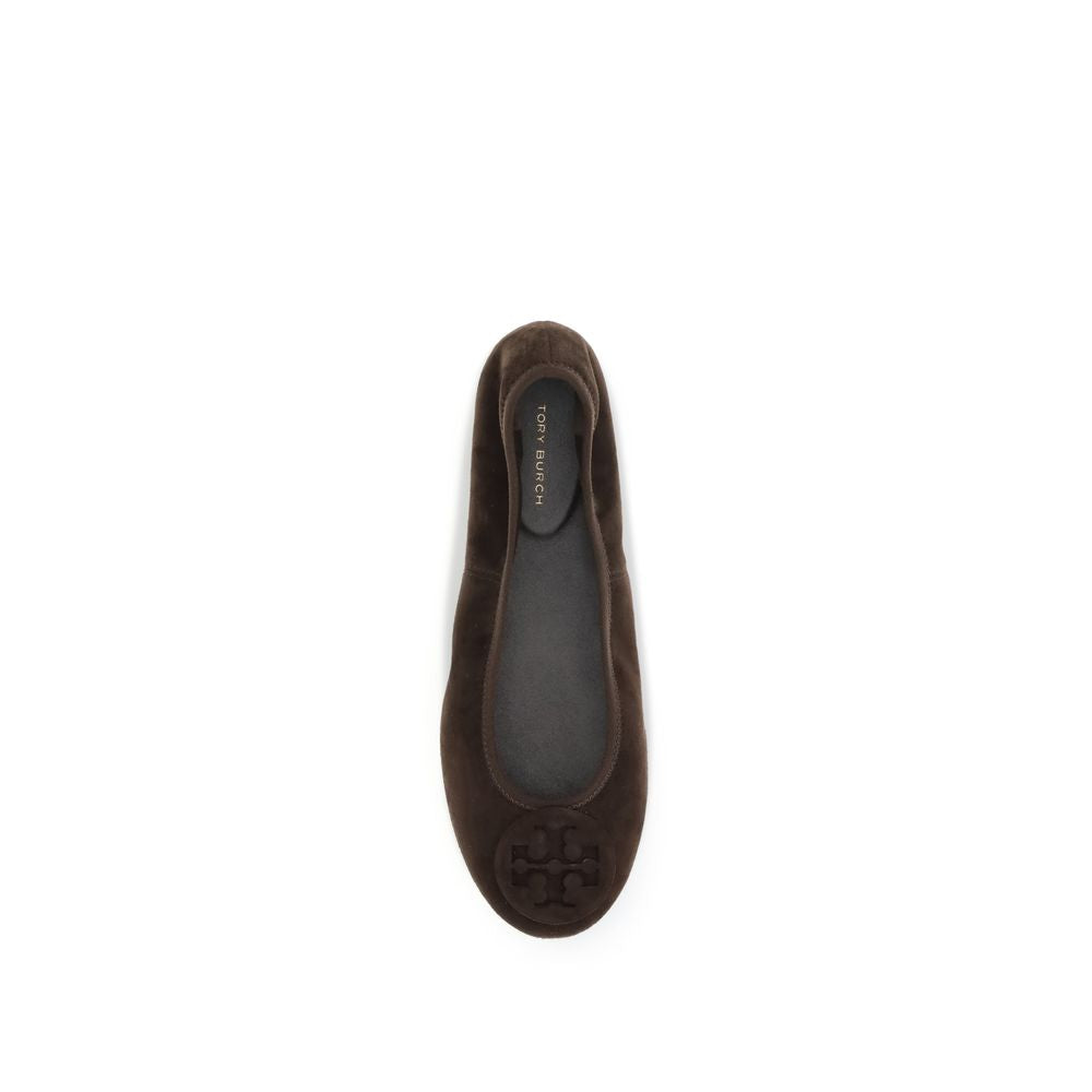 Tory Burch Brown Calf Leather Bos Taurus Ballet Flats with logo and elasticized edges