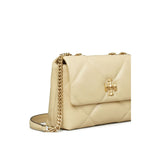 Tory Burch Kira Diamond small leather shoulder bag in light yellow nappa with quilted foldover top and chain-link strap.