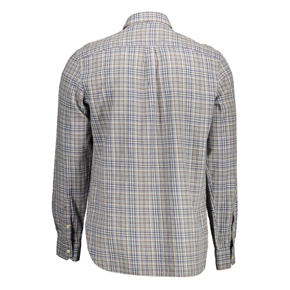 Back view of a U.S. POLO ASSN. Brown Cotton Men Shirt with checkered pattern and long sleeves, featuring a French collar.