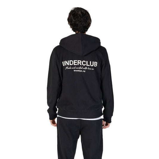 Back view of Underclub Black Cotton Hoody with hood up, showcasing casual and contemporary style, 100% pure cotton for comfort and softness.