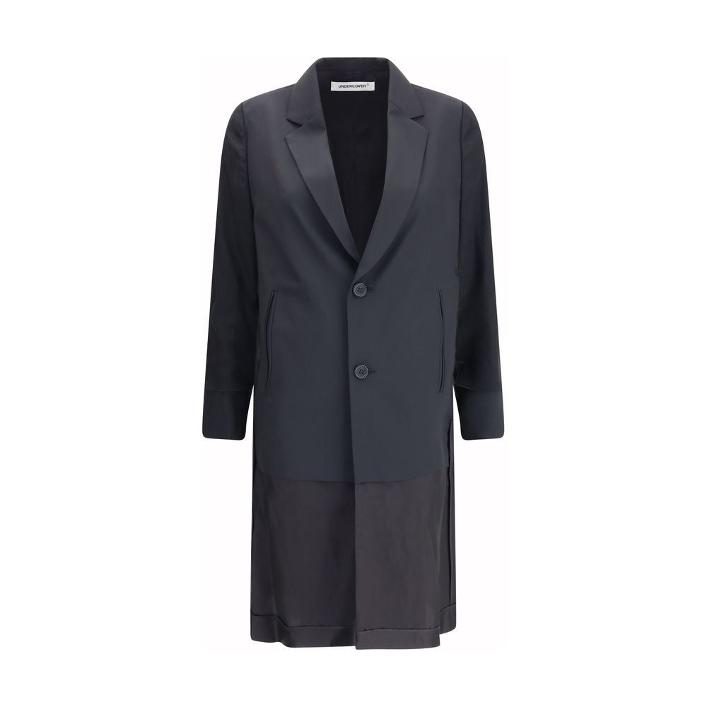 Undercover Black Polyester Coat with classic lapels, two-button closure, and tulle sleeve details, AW25 regular fit blazer jacket.