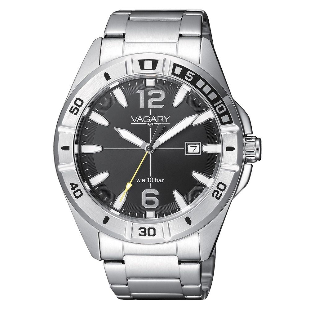 VAGARY MOD. IB8-518-51 wristwatch with silver stainless steel band and black face, stylish and waterproof to 10 bar.