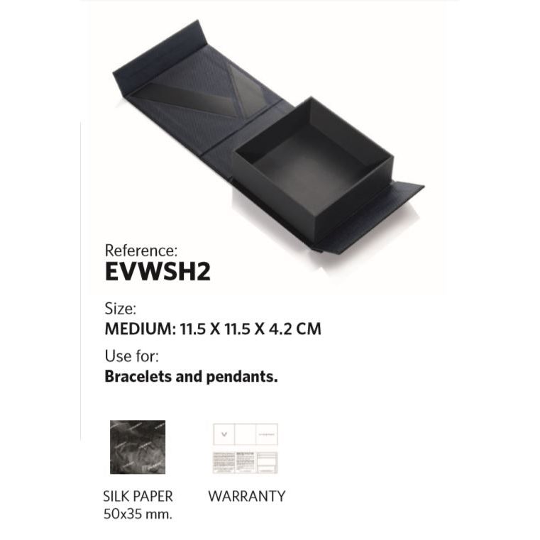 Gift box for bracelets and pendants, medium size 11.5x11.5x4.2 cm, reference EVWSH2, includes silk paper and warranty.