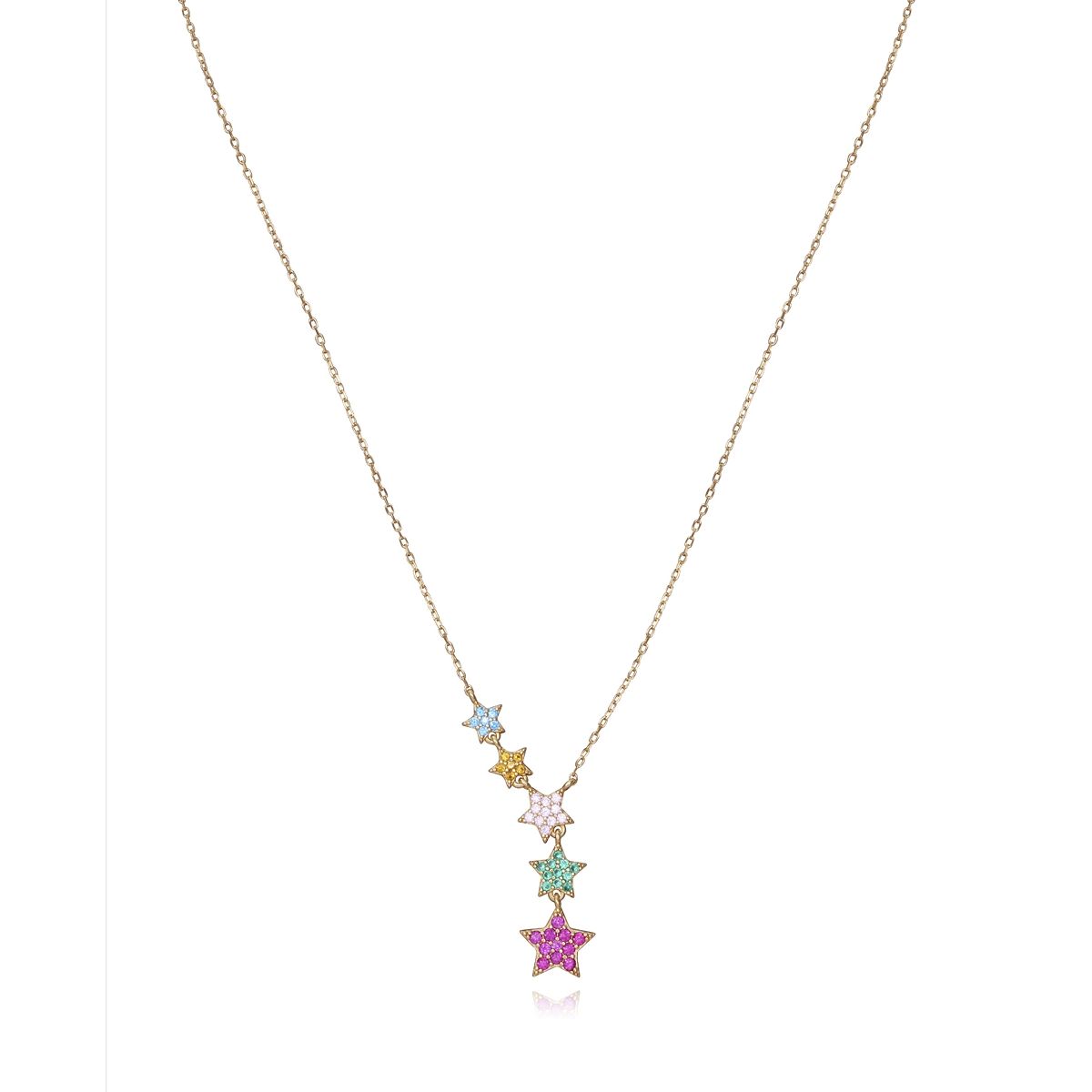 Colorful star necklace with gold chain featuring multiple star pendants in different colors. Jewelry design with chic and elegant style.