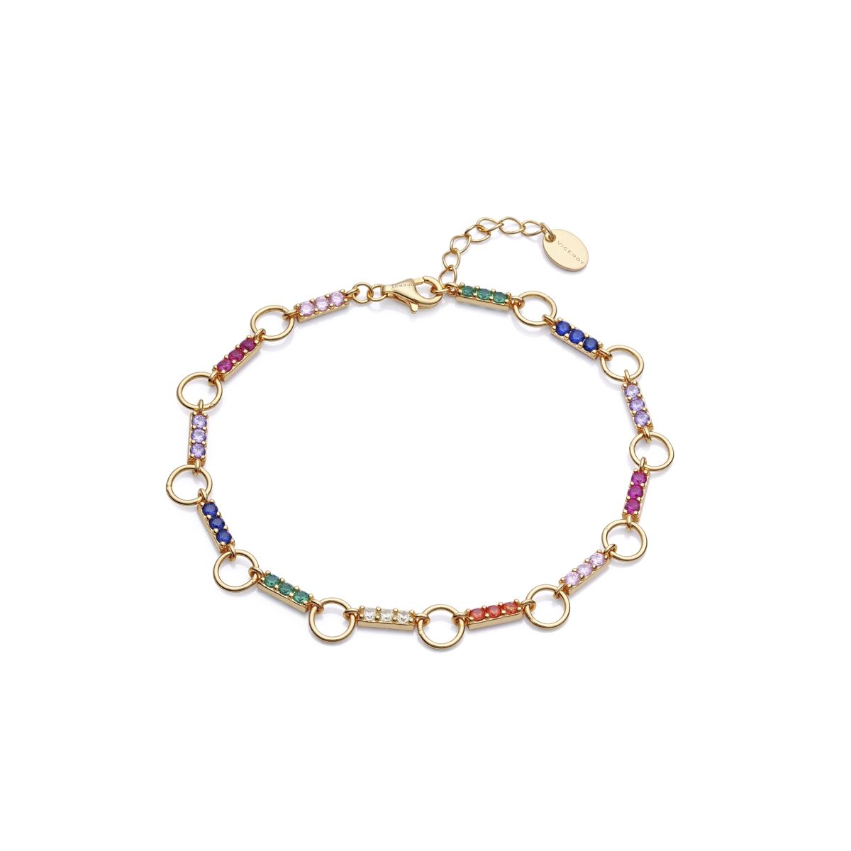 Gold bracelet with multicolored gemstones and circular links.