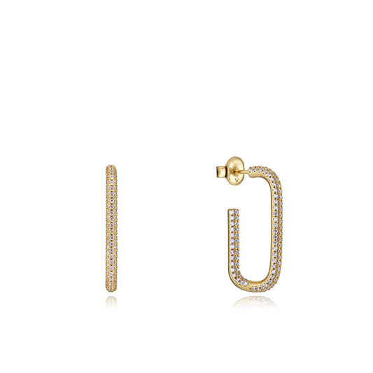 Gold and diamond hoop earrings with a rectangular design, minimalist style, suitable for elegant occasions.