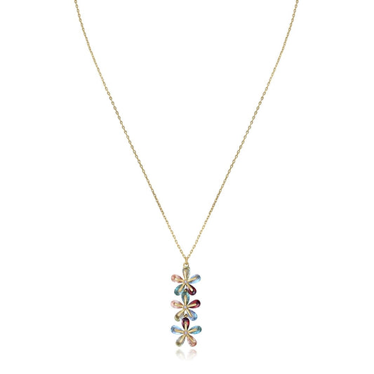Elegant floral necklace with multicolored gemstones on a gold chain, perfect for adding a touch of color and sophistication to any outfit.