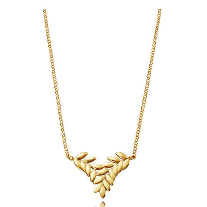 Gold necklace with leaf design on a thin chain, elegant jewelry piece reflecting light and style, perfect for formal or casual occasions.