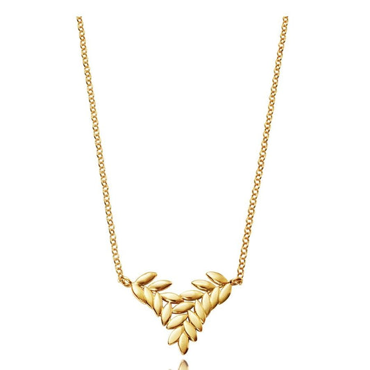 Gold leaf necklace with elegant chain design on white background