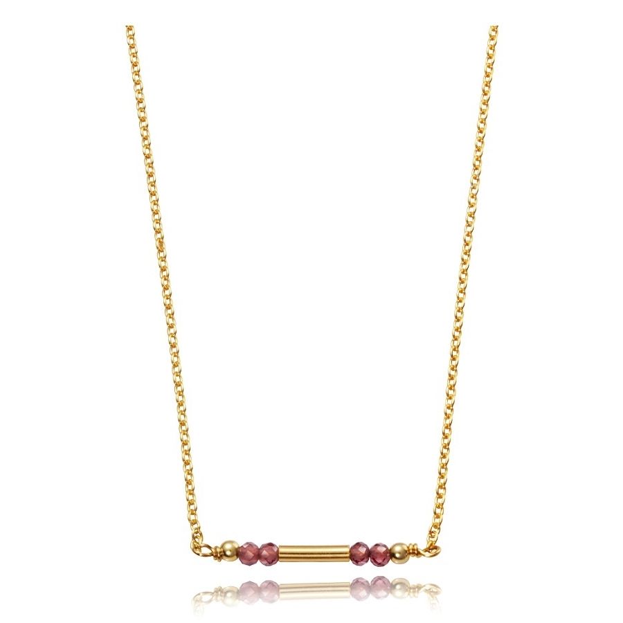 Gold chain necklace with pink gemstone accents and a cylindrical bar center design on a white background.