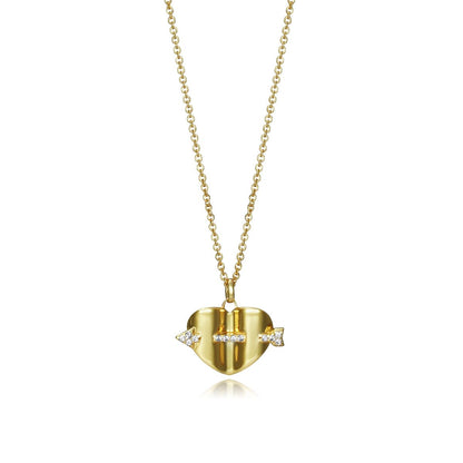 Gold heart necklace with arrow design and diamond accents.