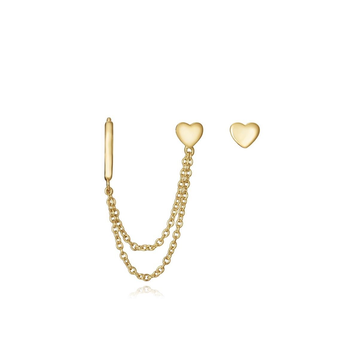 Gold heart chain earrings for ladies, stylish design with a double chain link and heart studs, perfect accessory for modern fashion.