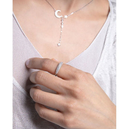 Elegant woman wearing VICEROY JEWELS Mod. 9125A012-30 silver ring with moon necklace, showcasing multifunction quartz analog design.