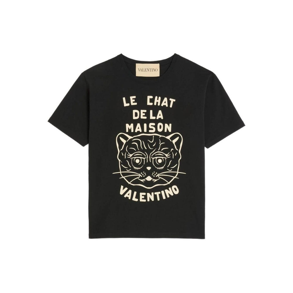 Valentino Cotton T-Shirt With Le Chat De La Maison Print in black with cat graphic and logo on front