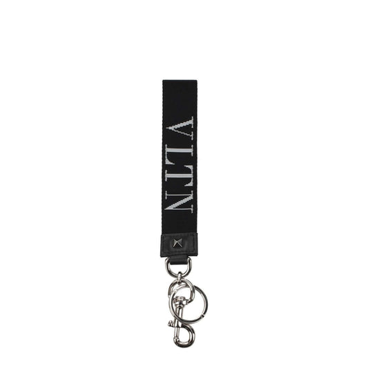 Valentino Garavani Black Fabric Keychain with studs and logo, silver clips closure, stylish leather strap, 3x16.5/23.5 cm.