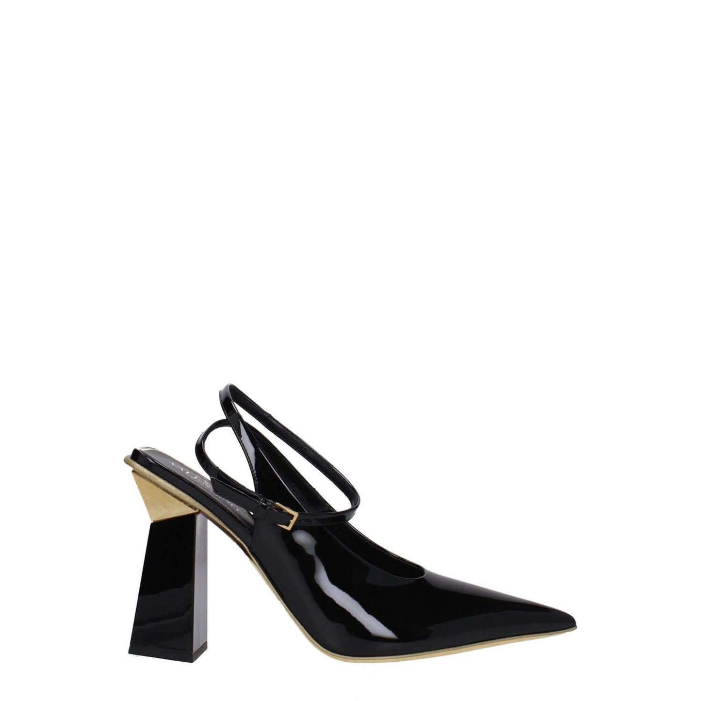 Valentino Garavani Black Leather Sandals with buckle closure, pointy toe, and high 10.5 cm heel, crafted in patent leather.