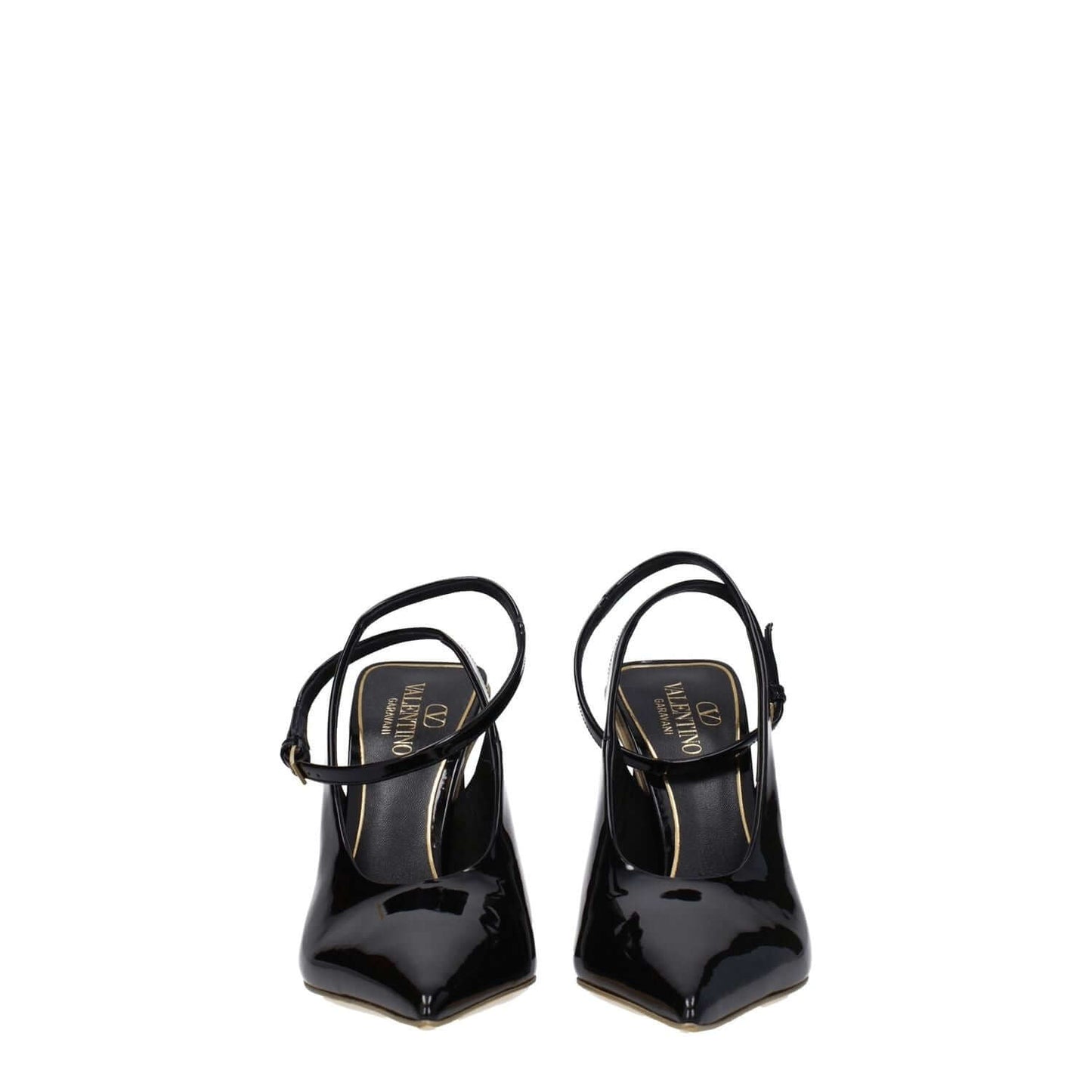 Valentino Garavani Black Leather Sandals with buckle closure and high pointy heel, patent finish, stylish casual footwear.