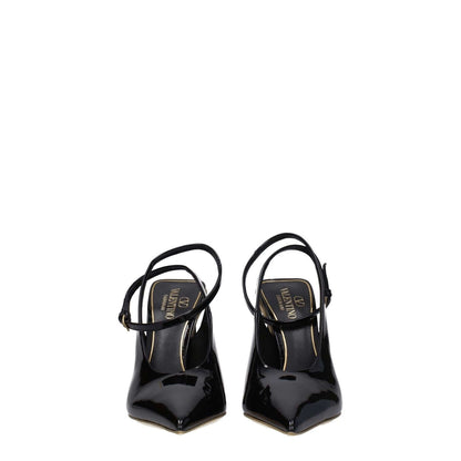 Valentino Garavani Black Leather Sandals with buckle closure and high pointy heel, patent finish, stylish casual footwear.