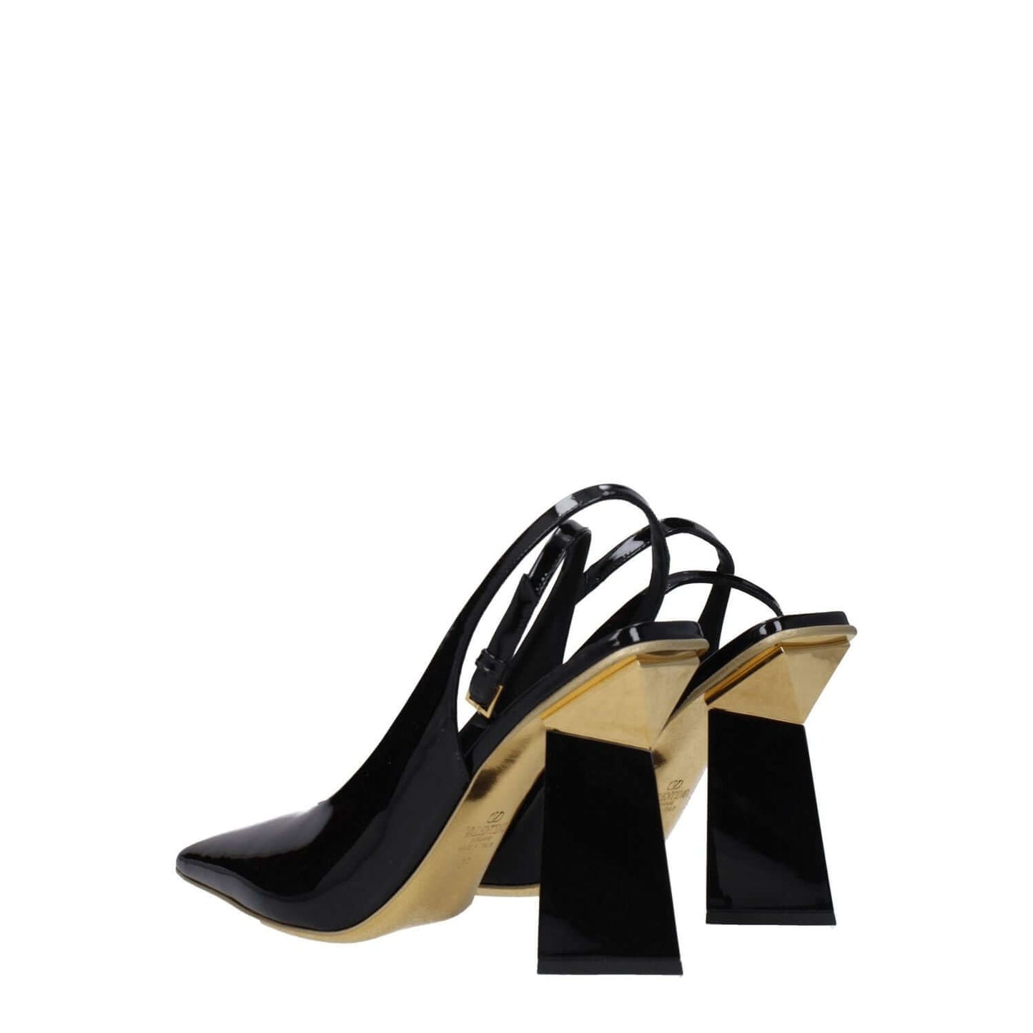 Valentino Garavani Black Leather Sandals featuring high heels, pointy toe, and patent leather design.