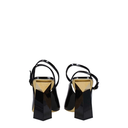 Rear view of Valentino Garavani Black Leather Sandals with buckle closure and high heels, showcasing patent finish.
