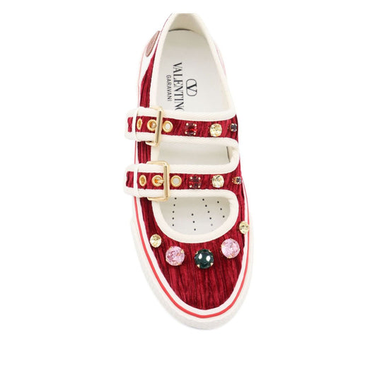 Valentino Garavani Jewel-embellished buckle sneakers in dark red velvet with double buckle and jewel decorations.