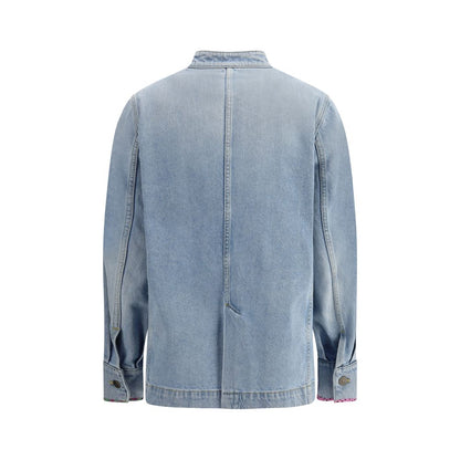 Back view of Valentino Light Blue Cotton Denim Jacket with embroidery and buttoned cuffs.