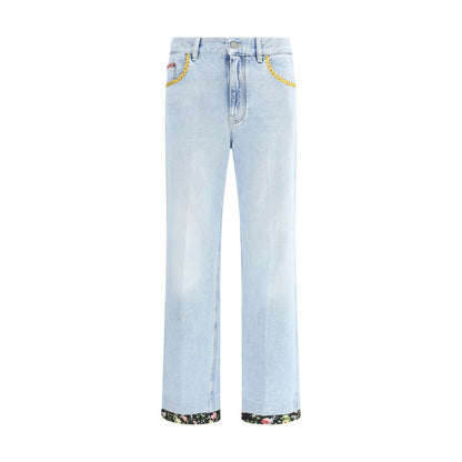 Valentino Light Blue Cotton Straight-Leg Jeans with floral edges, polka dot pockets, and classic five-pocket design for AW25 season.