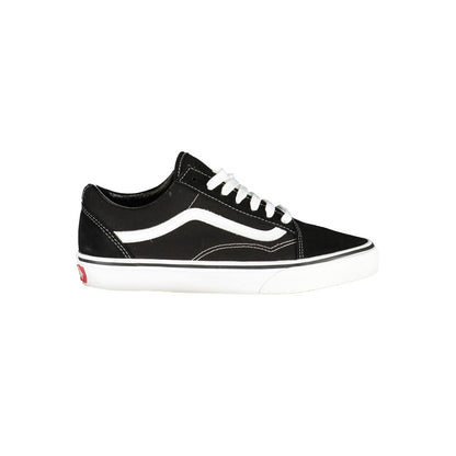Vans Black Leather Women Sneaker in black with white accents and durable sole, offering a stylish and comfortable fit for everyday wear.