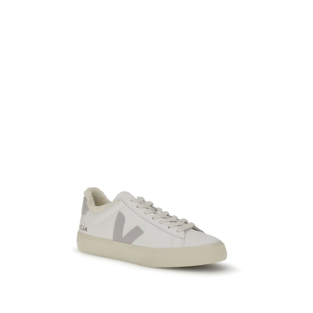 Veja White Calf Leather Bos Taurus Low Top Sneakers with V logo, lace-up design, and rubber sole. Made in Brazil, AW25 collection.