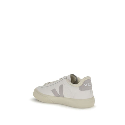 Veja White Calf Leather Bos Taurus Low Top Sneakers with black V logo and contrasting back, made from Brazilian calfskin and rubber sole.