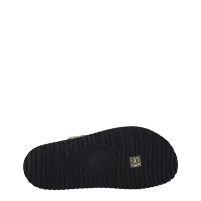 Sole view of Versace Black Fabric Slippers with rubber traction and open-toe design, featuring casual style and low flat heel.