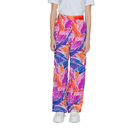 Vila Clothes Multicolor Viscose Pant with tropical leaf print, high waist palazzo trousers for women, 80% viscose, 20% polyamide.