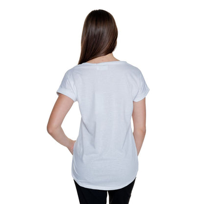 Back view of woman wearing Vila Clothes White Cotton T-Shirt with rolled-up sleeves.