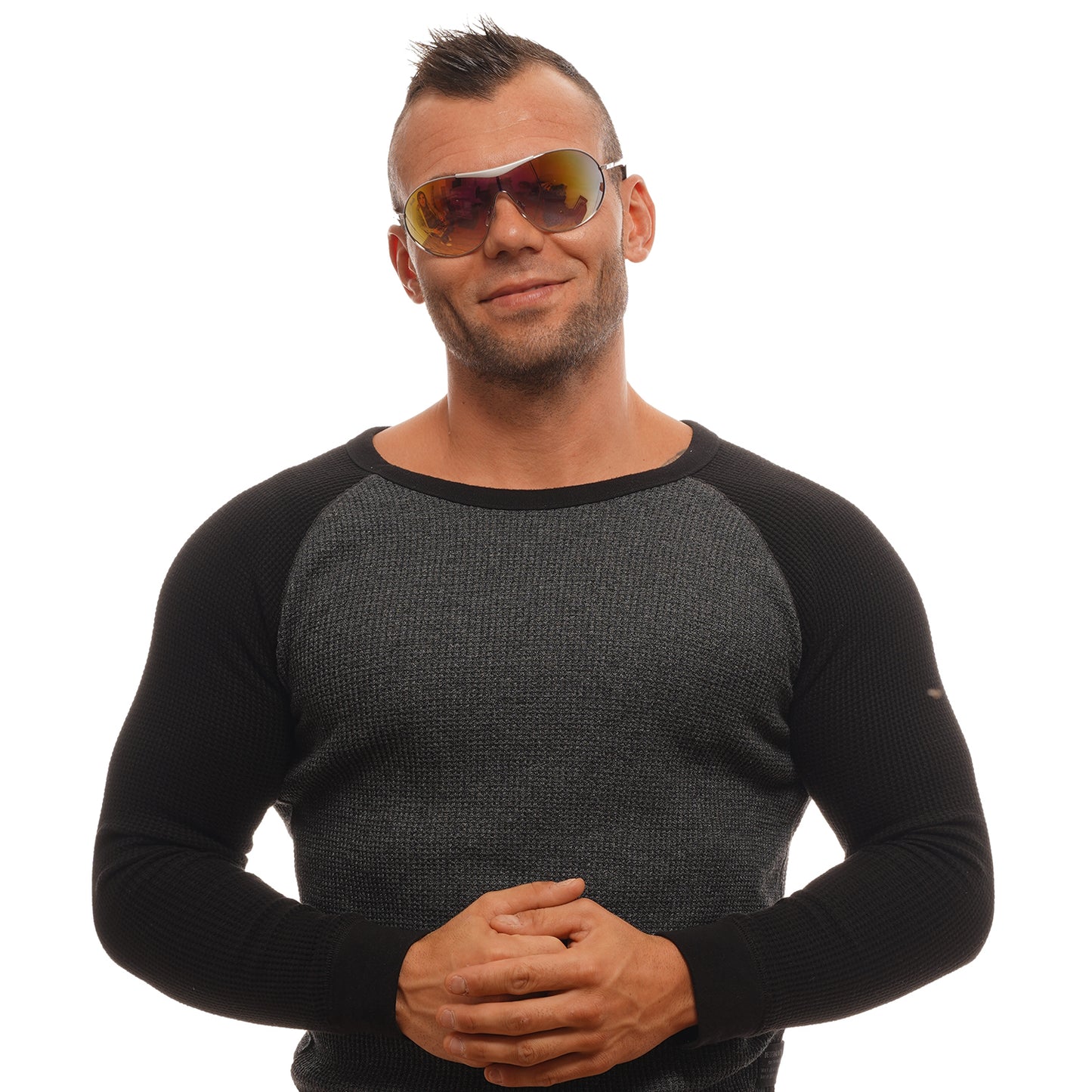 Unisex wearing sunglasses displaying WEB MOD. WE0282 0014Z product.