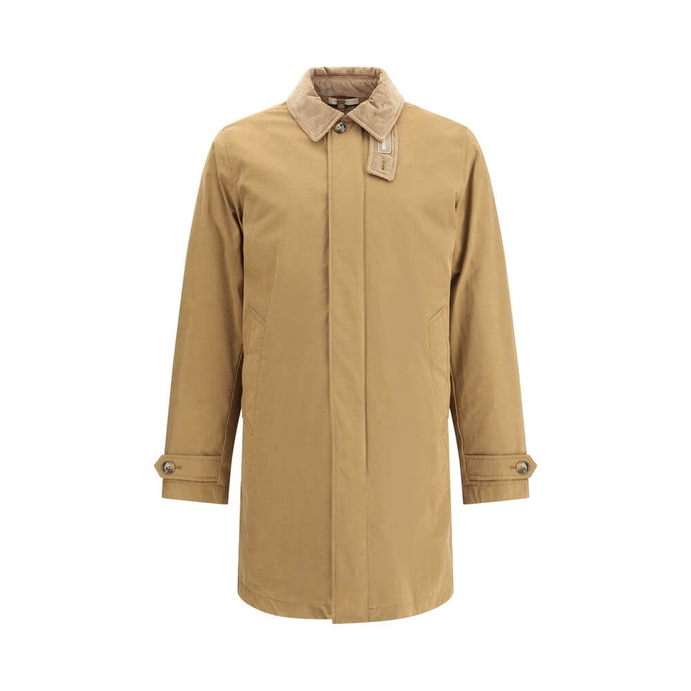 Woolrich Beige Polyester Coat with corduroy collar and concealed closure, perfect for winter elegance and functionality.