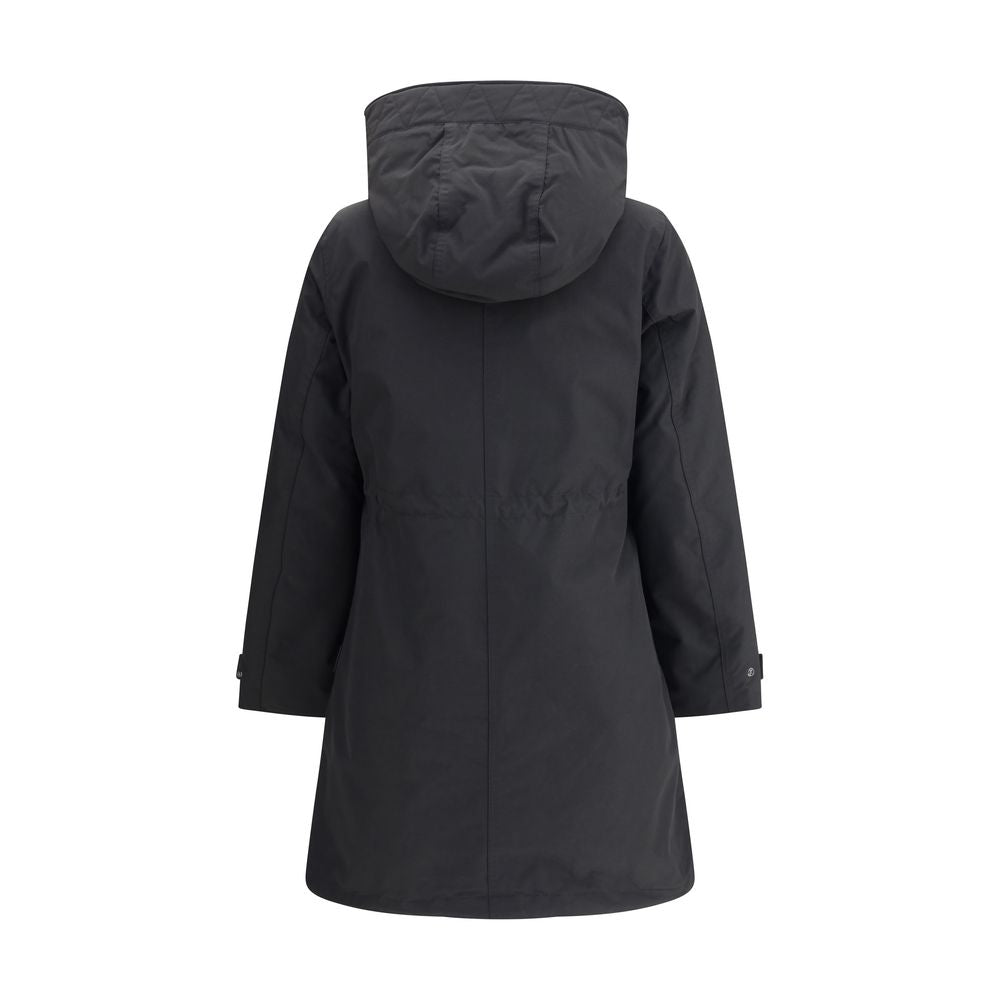 Back view of Woolrich Black Cotton Clothing 3-in-1 Parka Jacket with hood and high collar, featuring adjustable cuffs and side patch pockets.